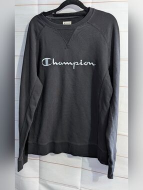 Champion Black Crewneck Sweatshirt with White Script Logo Size Small